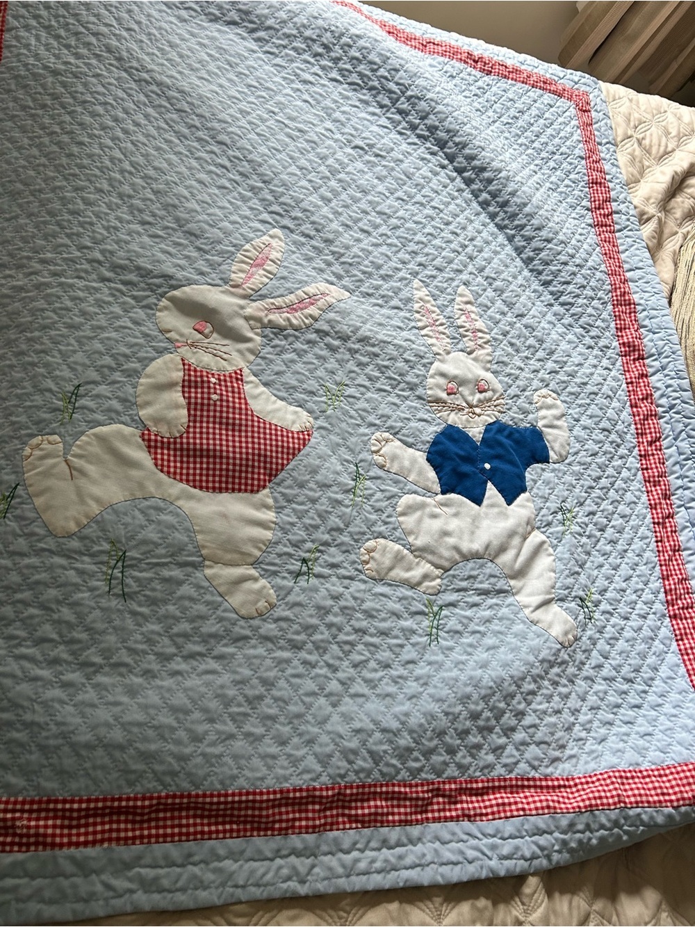 Children's Blue Bunny Appliqué Quilt - Light Blue with Red Accents